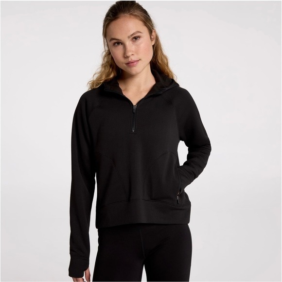 New GSG Black Hoodie Pullover Half Zip Thumb Hole S Pockets Activewear - Picture 1 of 13